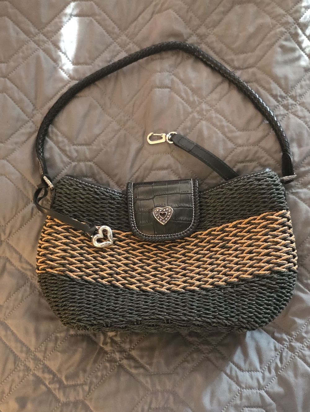 Brighton Black and Tan Woven Shoulder Bag with Heart Charm